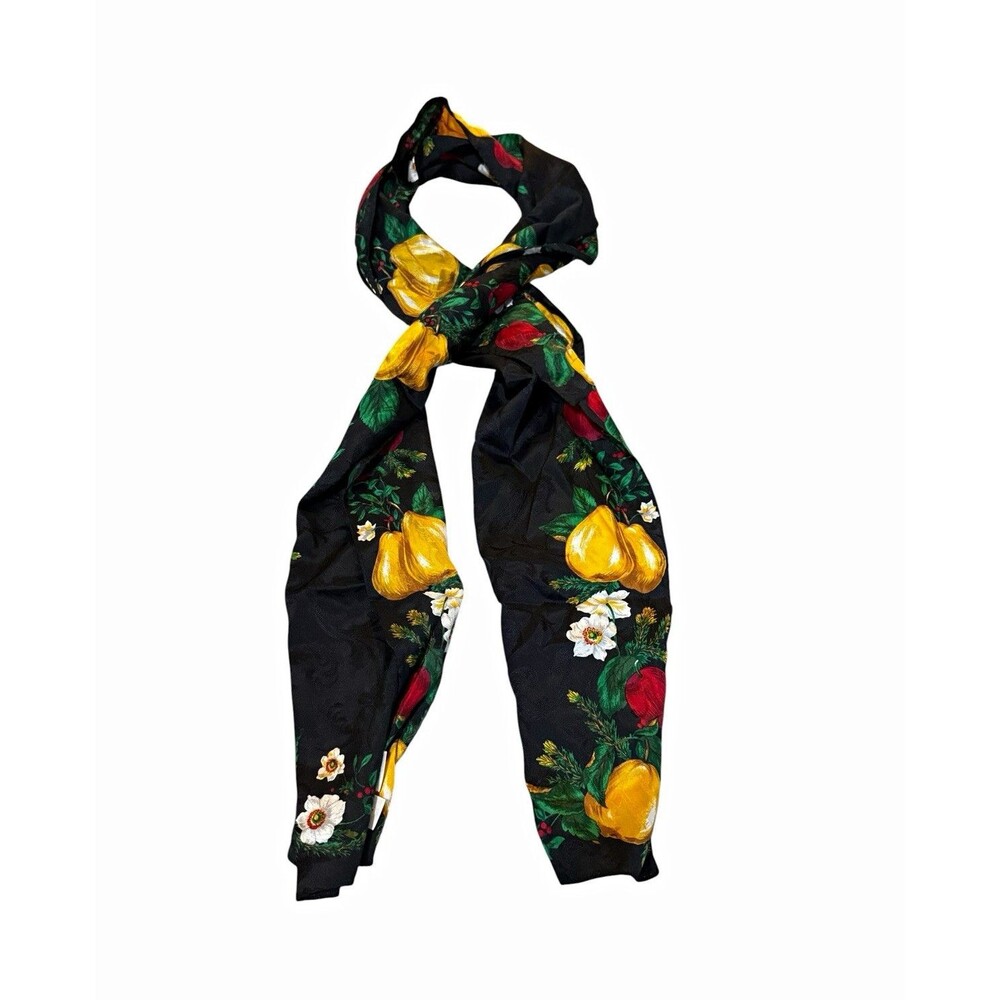 Talbots 100% Silk Fruit Floral Oblong Scarf Black Pear Apple Print